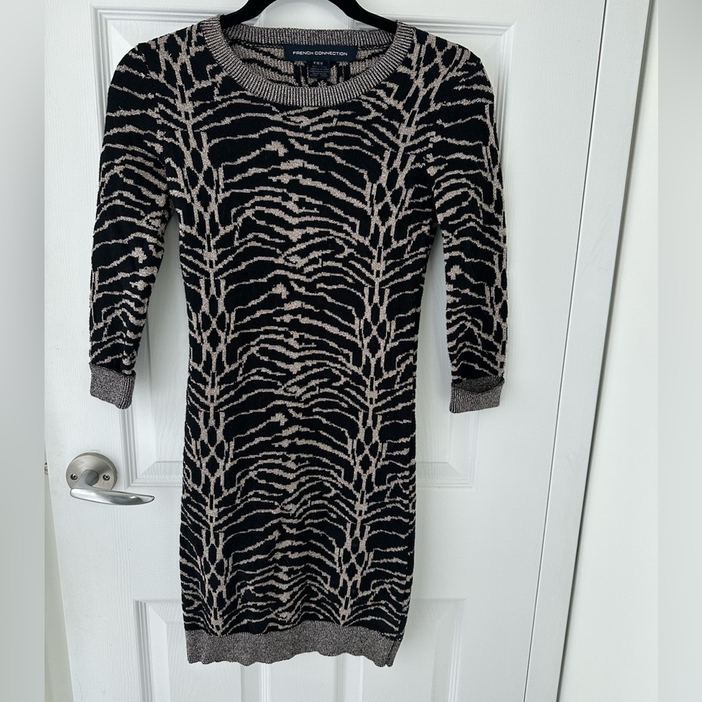 French Connection Animal Print Zebra Pattern Sparkly Gold Glam Sweater Dress 2
